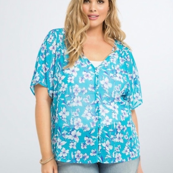 Torrid Turquoise Floral Chiffon Button Blouse - Picture 4 of 5